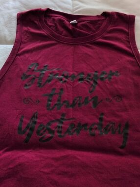 Maroon Graphic Muscle Tank - "Stronger Than Yesterday". Size Small